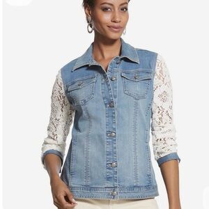 Chico's Platinum Denim Jacket with Lace Sleeves.